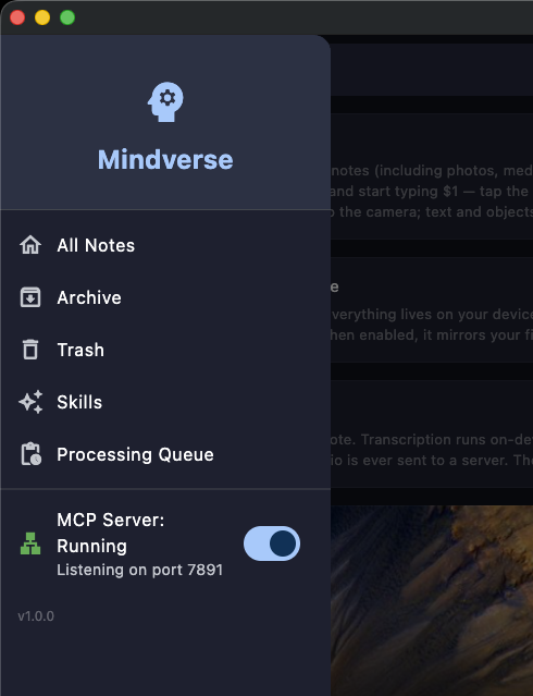 Mindverse on Mac with its local MCP server running