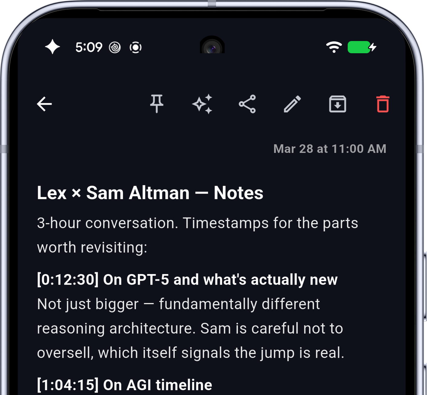 YouTube transcript saved as a Mindverse note