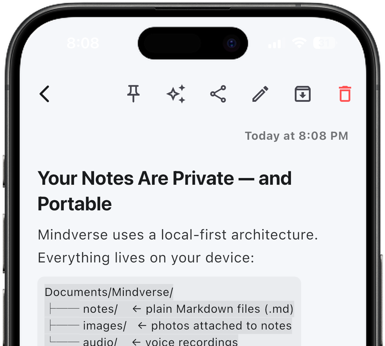 Mindverse note showing the local Markdown file structure on iPhone