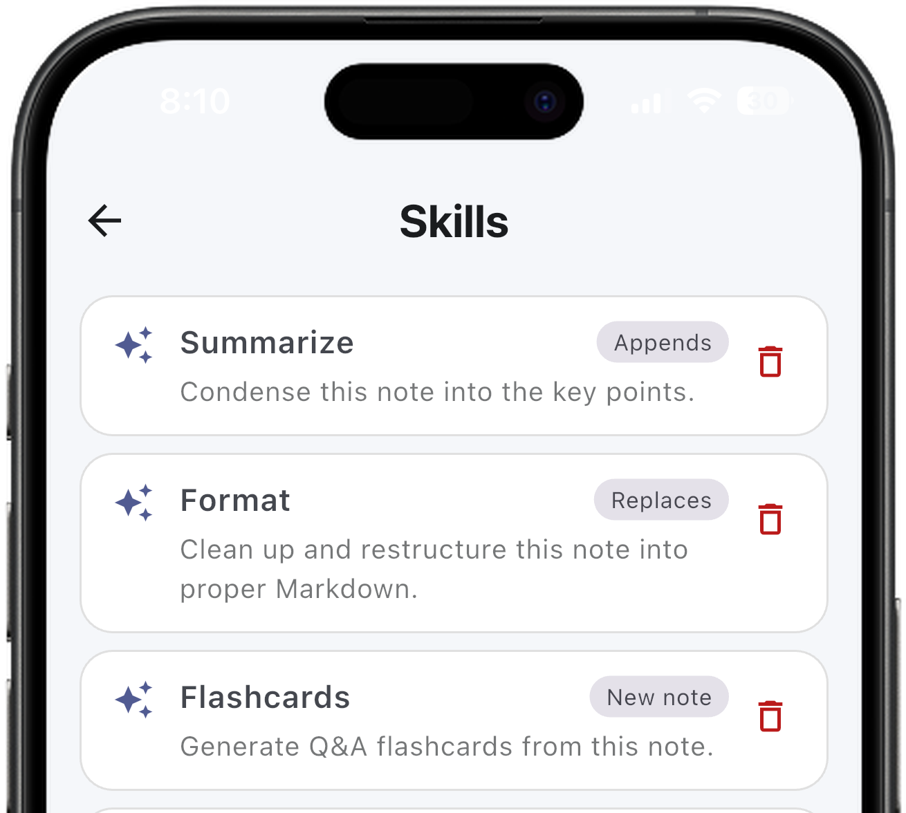 Mindverse Skills library showing Summarize, Format, and Flashcards