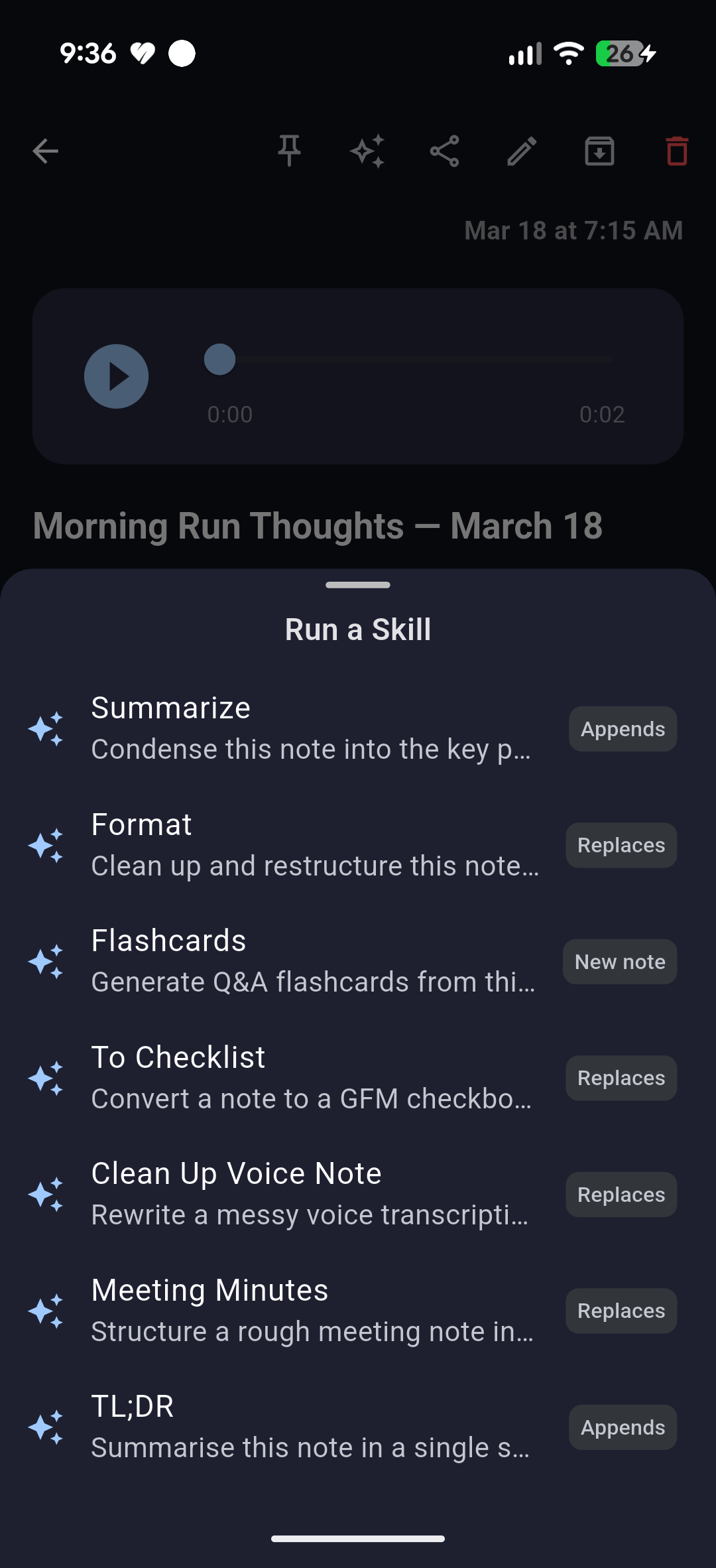 Skill panel on a voice note