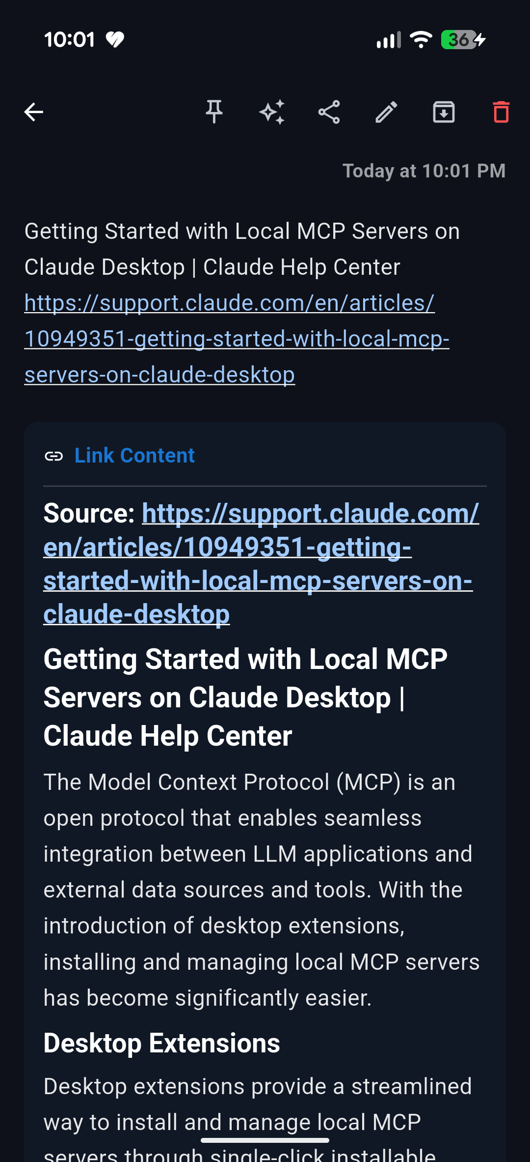 Web link saved and downloaded as a note